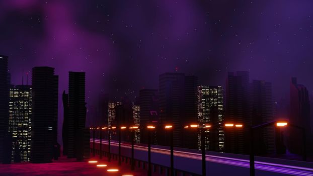 3d render of Cyber punk night city landscape concept. Light glowing on dark scene.  Night life. Technology network for 5g. Beyond generation and futuristic of Sci-Fi Capital city and building scene.