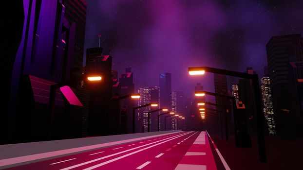 3d render of Cyber punk night city landscape concept. Light glowing on dark scene.  Night life. Technology network for 5g. Beyond generation and futuristic of Sci-Fi Capital city and building scene.