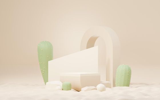 3d Mock up Brown cream podium with Cactus and Sands desert mini theme. Pedestal stage for product and cosmetic presentation. Abstract colorful scene for advertising. Sale promotion background.