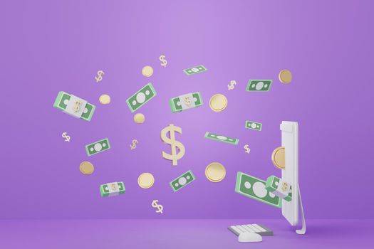 3d render Minimal computer that around with floating gold coins . Money concepts financial planning. Online shopping. Wealth management franchises.