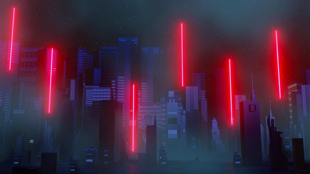 3d render of Cyber punk night city landscape concept. Light glowing on dark scene.  Night life. Technology network for 5g. Beyond generation and futuristic of Sci-Fi Capital city and building scene.