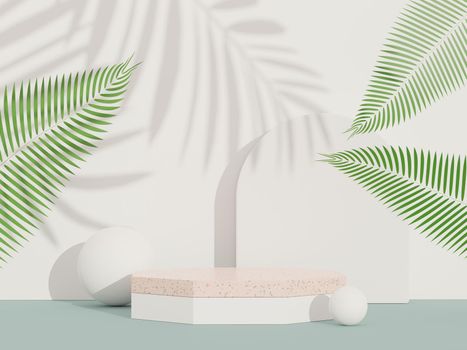 3d render of abstract pedestal podium display with terrazzo and shadow of leaves. Scene for present product promotion and beauty cosmetics.