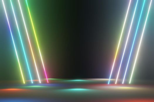 3d render of RGB neon light on darkness background. Abstract Laser lines show at night. Ultraviolet spectrum beam scene for mock up and web banner.