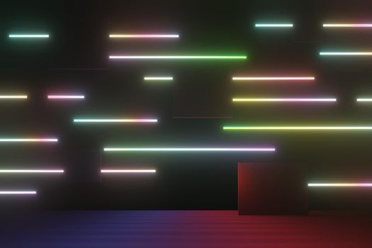 3d render of RGB neon light on darkness background. Abstract Laser lines show at night. Ultraviolet spectrum beam scene for mock up and web banner.