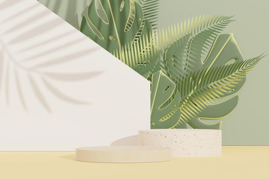 3d render of abstract pedestal podium display with terrazzo and Monstera leaves. Product and promotion concept for advertising. Green natural background.