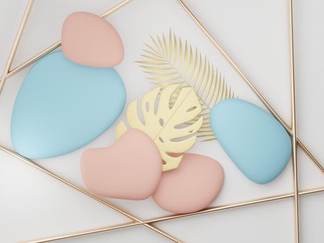 3d render of premium abstract geometric shapes and pastel luxury gravel decor with tropical leaves on white background.