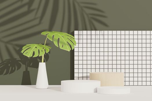 3d render of abstract pedestal podium display with terrazzo and Monstera leaves. Product and promotion concept for advertising. Green natural background.