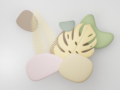 3d render of premium abstract geometric shapes and pastel luxury gravel decor with tropical leaves on white background.