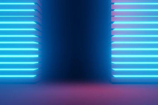 3d render of RGB neon light on darkness background. Abstract Laser lines show at night. Ultraviolet spectrum beam scene for mock up and web banner.