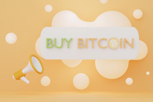 3d render megaphone with application banner for buying bitcoin. Cryptocurrency transactions on network of blockchains.