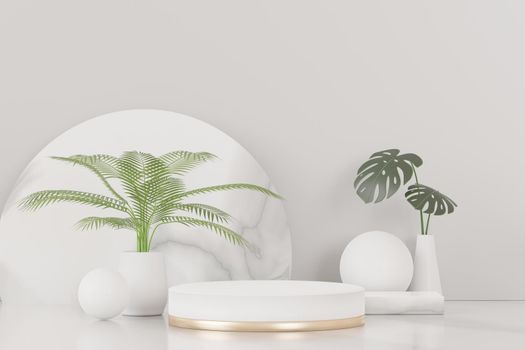 3d render of abstract pedestal podium display with Tropical Monstera leaves. Product and promotion concept for advertising. Green natural background.