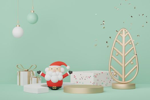 3d Display Podium for product and cosmetic presentation with Merry Christmas and Happy new year concept. Modern geometric. Platform for mock up and showing brand.