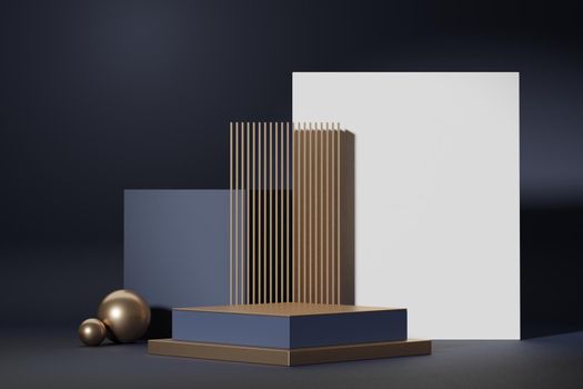 3d abstract platform showcase for product and cosmetic presentation. Golden Podium for mock up and advertising. Render geometric design scene for web banner. Empty pedestal with pastel background.