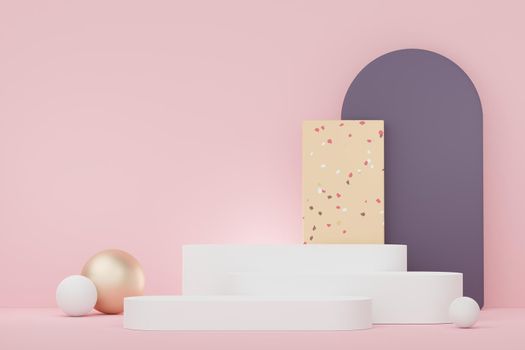 3d abstract white platform showcase for product and cosmetic presentation with terrazzo idea concept. Minimal Podium for mock up and advertising. Render geometric design scene for web banner.