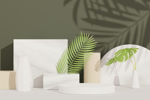 3d render of abstract pedestal podium display with Tropical Monstera leaves. Product and promotion concept for advertising. Green natural background.