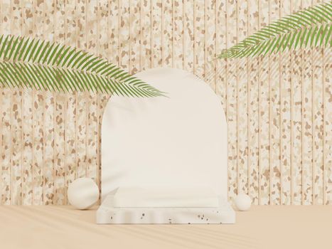 3d abstract white platform showcase for product and cosmetic presentation with terrazzo idea concept. Minimal Podium for mock up and advertising. Render geometric design scene for web banner.