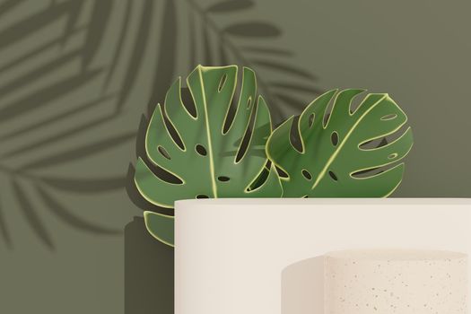 3d render of abstract pedestal podium display with terrazzo and Monstera leaves. Product and promotion concept for advertising. Green natural background.