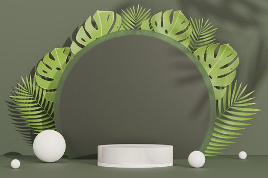 3d render of abstract pedestal podium display with Tropical Monstera leaves. Product and promotion concept for advertising. Green natural background.