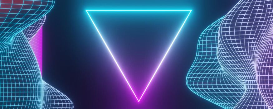 3d render of futuristic retro landscape neon light on darkness background. Abstract Laser cyber lines show at night. Ultraviolet spectrum beam scene for mock up and web banner.