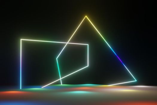 3d render of RGB neon light on darkness background. Abstract Laser lines show at night. Ultraviolet spectrum beam scene for mock up and web banner.