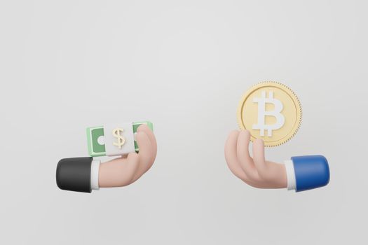 3d render cartoon hands exchange between fiat money and bitcoin. Cryptocurrency transactions on network of blockchains.