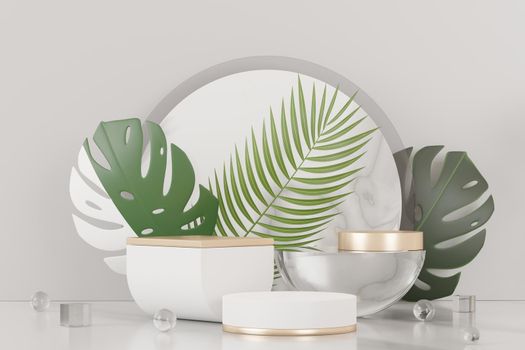 3d render of abstract pedestal podium display with Tropical Monstera leaves. Product and promotion concept for advertising. Green natural background.