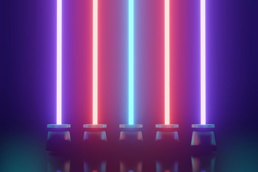 3d render of RGB neon light on darkness background. Abstract Laser lines show at night. Ultraviolet spectrum beam scene for mock up and web banner.