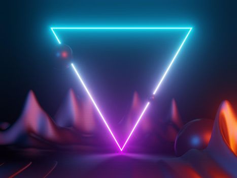 3d render of RGB neon light on darkness background. Abstract Laser lines show at night. Ultraviolet spectrum beam scene for mock up and web banner.