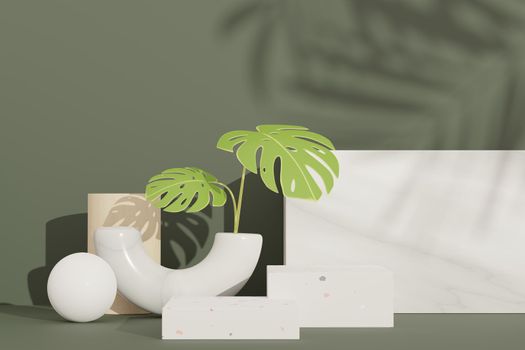 3d render of abstract pedestal podium display with Tropical Monstera leaves. Product and promotion concept for advertising. Green natural background.