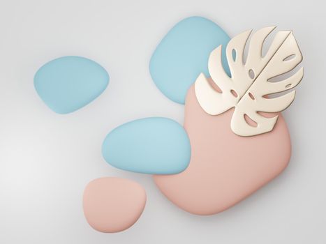 3d render of premium abstract geometric shapes and pastel luxury gravel decor with tropical leaves on white background.