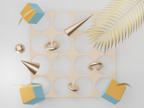 3d render of premium abstract geometric shapes and pastel luxury gravel decor with tropical leaves on white background.