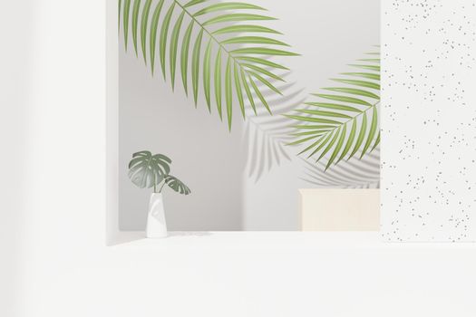 3d render of abstract pedestal podium display with Tropical Monstera leaves. Product and promotion concept for advertising. Green natural background.