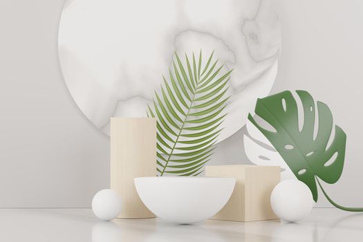 3d render of abstract pedestal podium display with Tropical Monstera leaves. Product and promotion concept for advertising. Green natural background.