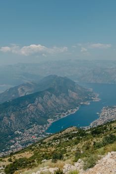 Beautiful nature mountains landscape. Kotor bay, Montenegro. Views of the Boka Bay, with the cities of Kotor and Tivat with the top of the mountain, Montenegro.