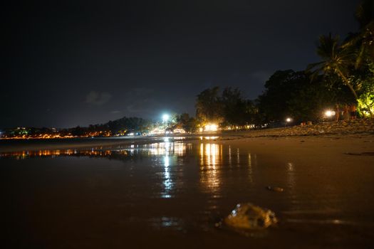 Night beach with a view of the clubs. Bright lights are burning reflecting in the sea. Fine wet sand. There is a transparent jellyfish. Palm trees grow. People are resting. Kata Beach, Phuket