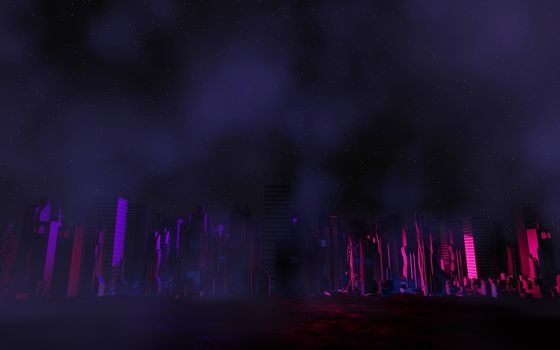 3d render of Cyber punk night city landscape concept. Light glowing on dark scene.  Night life. Technology network for 5g. Beyond generation and futuristic of Sci-Fi Capital city and building scene.