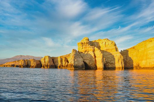 Coast of Crete island in Greece. Red Beach of famous Matala. Filtered retro toned style.