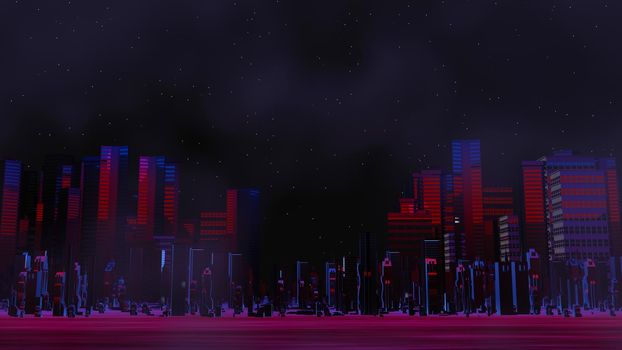 3d render of Cyber punk night city landscape concept. Light glowing on dark scene.  Night life. Technology network for 5g. Beyond generation and futuristic of Sci-Fi Capital city and building scene.