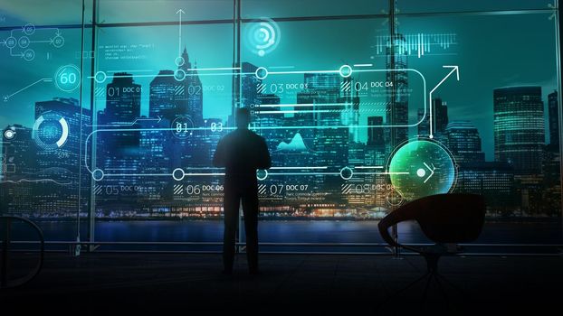 A male silhouette stands against the background of a window in his office and examines an array of infographics. 3D render.