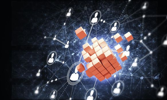 Conceptual background image with cube figure and social connection lines. 3d rendering