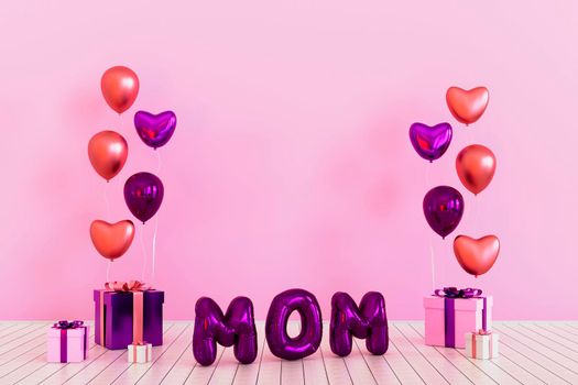 Happy mothers day decoration background with gift box, balloon, mom text, copy space text, 3D rendering illustration