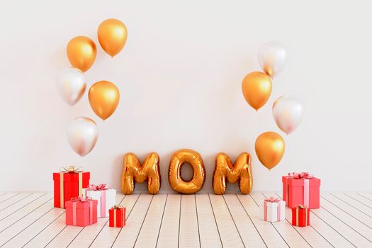 Happy mothers day decoration background with gift box, balloon, mom text, copy space text, 3D rendering illustration