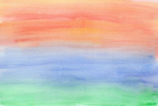 Horizontal nature gradient from green to blue and orange watercolor background