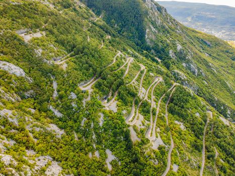 Aerial view on the Old Road serpentine in the national park Lovcen, Montenegro.