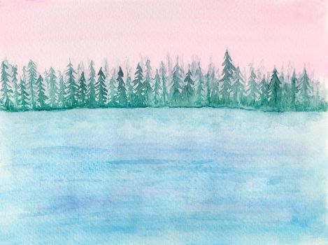 Tender watercolor landscape with blue lake or sea calm water and fir trees in pink sunrise lights