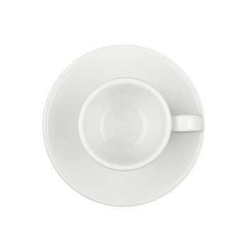 Close up one empty white espresso coffee cup on saucer isolated on white background, elevated top view, directly above