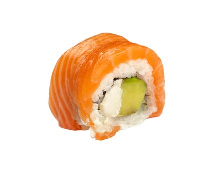 Close up one Philadelphia sushi roll with raw salmon isolated on white background, high angle side view