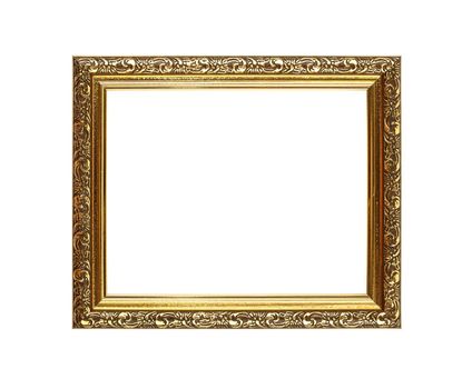 Antique old baroque ornate wooden classic golden painted horizontal rectangular frame for picture or photo, isolated on white background, close up