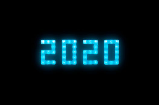 Close up blue neon glowing bright led light 2020 year sign on black background