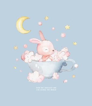 Little Bunny Takes Baths in a Cup. Cute watercolor cartoon hand drawn print can be used for t-shirt print, kids wear fashion design, baby shower invitation card